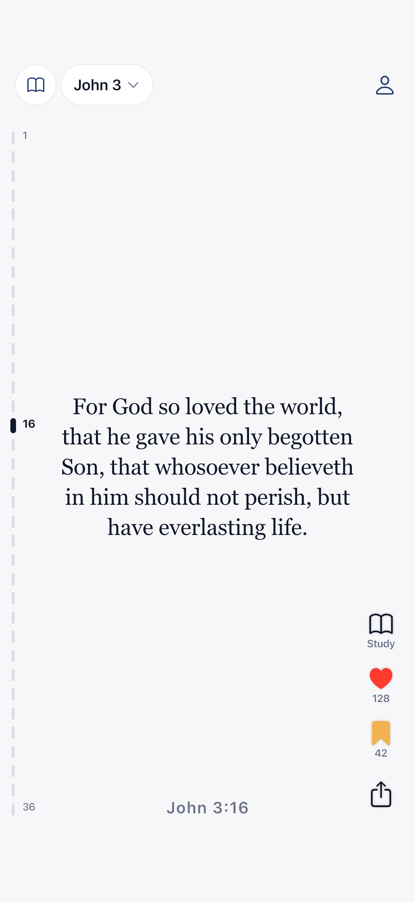 VerseFeed displaying John 3:16 in its verse-by-verse reader