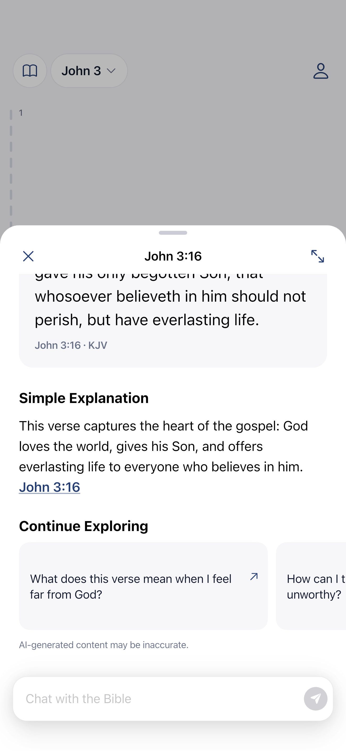 VerseFeed app screen: Chapter context, saved verses, sharing, and optional AI study